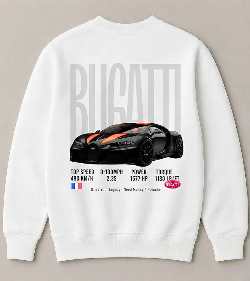 Bugatti Chiron hypercar white crewneck sweatshirt