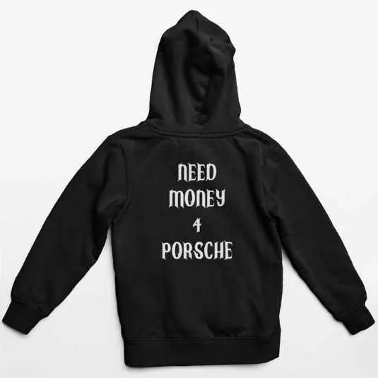 Need Money Classic Drive hoodie front view with premium streetwear design and motivational urban branding