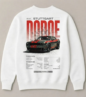 White Dodge Challenger muscle car graphic sweatshirt