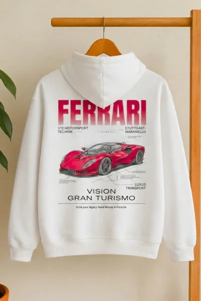White Ferrari oversized graphic hoodie for car lovers