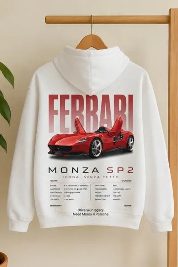 White Ferrari graphic hoodie for sports car lovers
