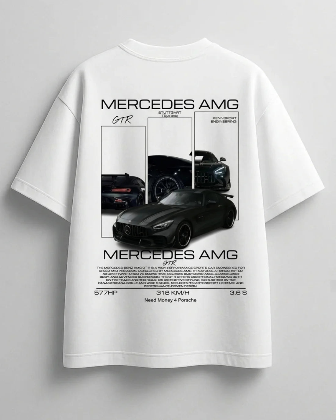 Trendy Mercedes-inspired white graphic tee for men