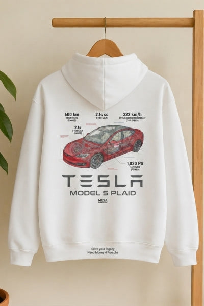 Tesla Premium Automotive White Hoodie graphic streetwear oversized unisex pullover