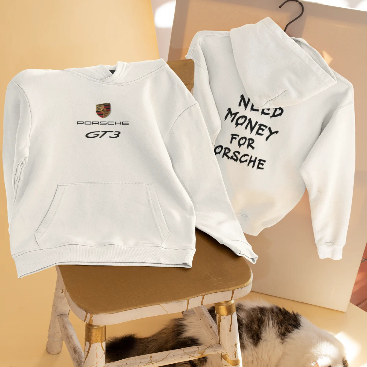 Minimal White Porsche Hoodie – Need Money For Porsche Classic Streetwear