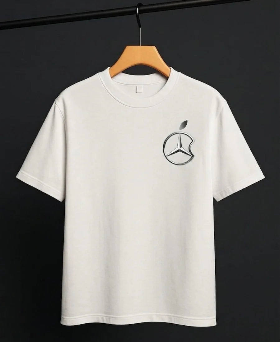 Close-up of Mercedes-Benz graphic design on white oversized t-shirt