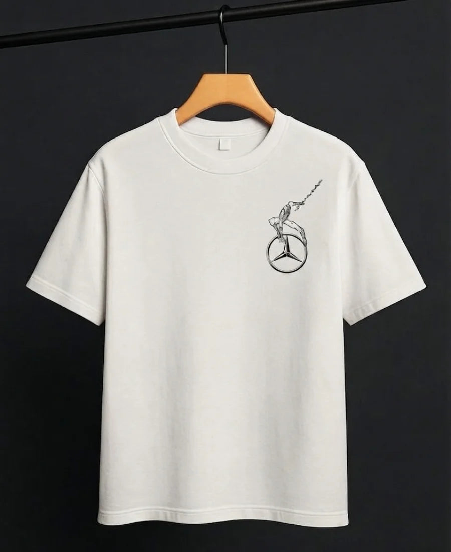 Stylish white graphic tee featuring Mercedes-Benz inspired artwork
