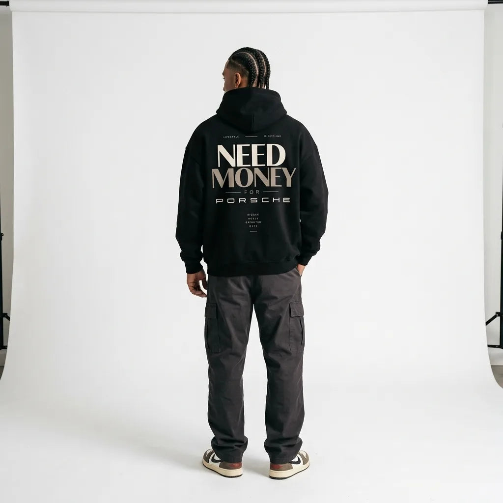 Black Need Money for Porsche hoodie with cream and beige minimalist typography, Lifestyle Discipline text and Bigger Goals Brighter Days back print