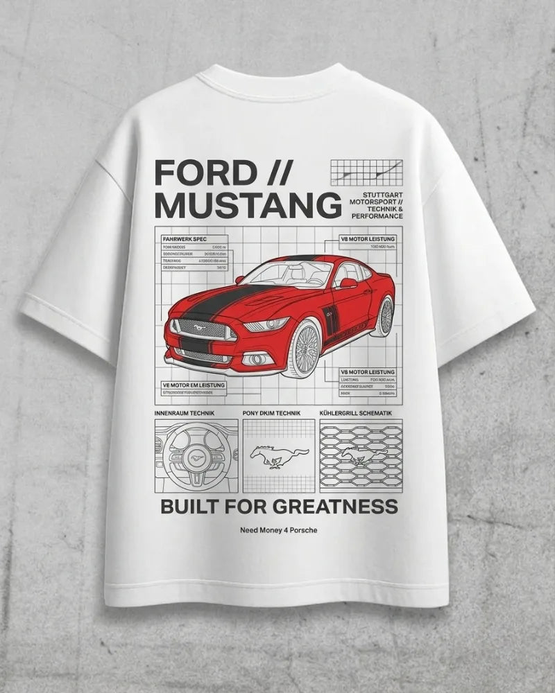 Casual white oversized tee featuring Need Money for Mustang text