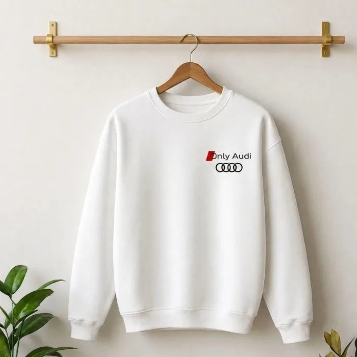 Need Money Classic White Audi inspired Carbon Edge Sweatshirt back design modern premium fashion look