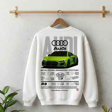 Need Money Classic White Audi inspired Carbon Edge Sweatshirt front view clean minimal streetwear style