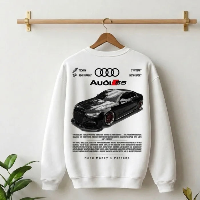 Need Money Classic White Audi inspired Dynamic Power Sweatshirt front view clean streetwear fashion