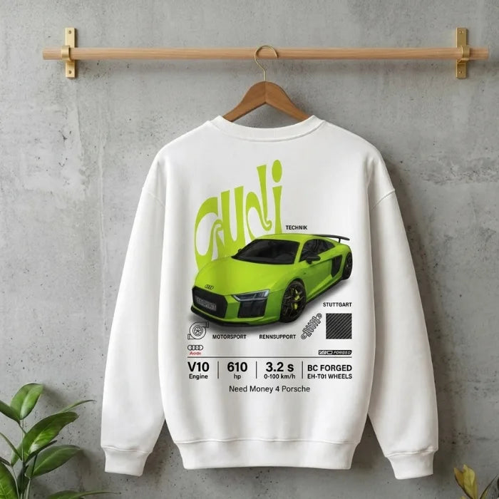 Need Money Classic White Audi inspired Dynamic Power Sweatshirt side angle modern fit style