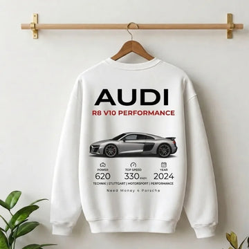 Need Money Classic White Audi inspired Elite Motion Sweatshirt front view clean streetwear style