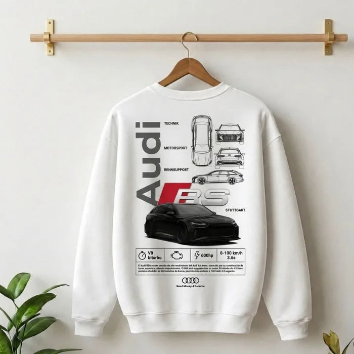 Need Money Classic White Audi inspired Elite Motion Sweatshirt logo close up design detail