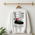 Need Money Classic White Audi inspired Elite Motion Sweatshirt logo close up design detail