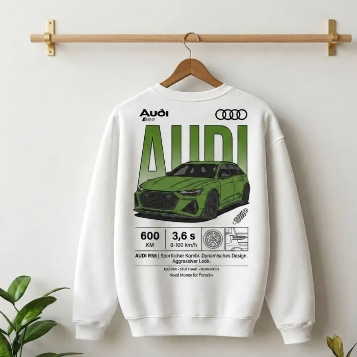 Need Money Classic White Audi inspired Quattro Sweatshirt front view stylish streetwear look