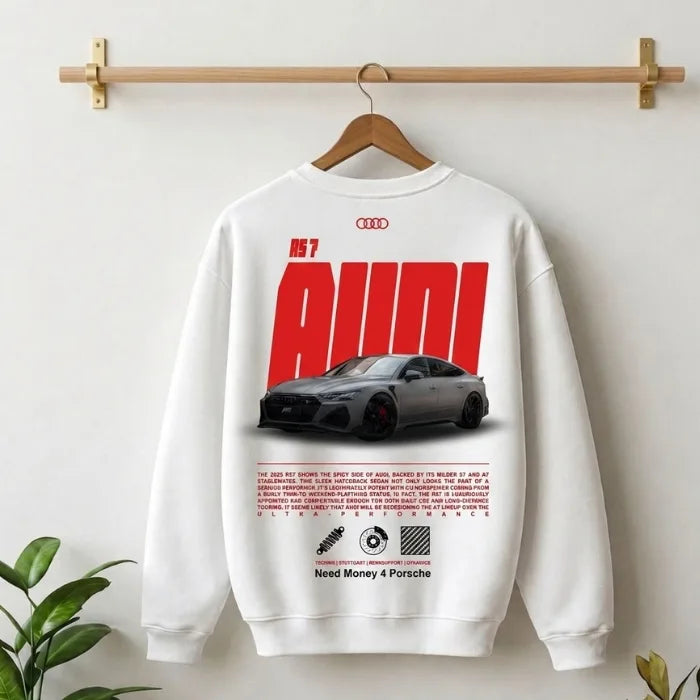Need Money Classic White Audi inspired Quattro Sweatshirt logo close up design detail