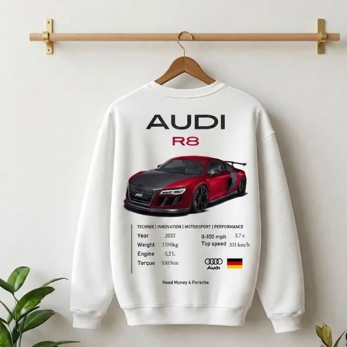 Need Money Classic White Audi inspired Quattro Sweatshirt side angle premium apparel style