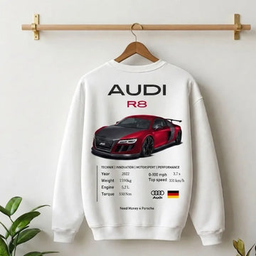 Need Money Classic White Audi inspired Quattro Sweatshirt side angle premium apparel style