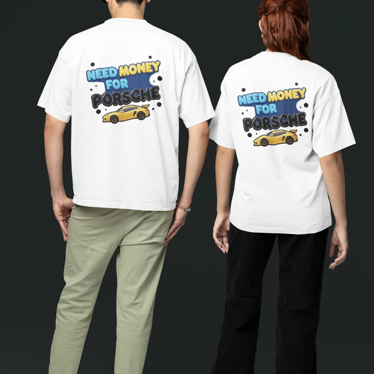 Need Money For Porsche Classic Hustle Oversized T-Shirt logo close up