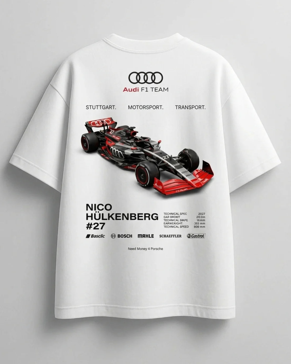 Oversized white Need Money for Benz graphic streetwear shirt