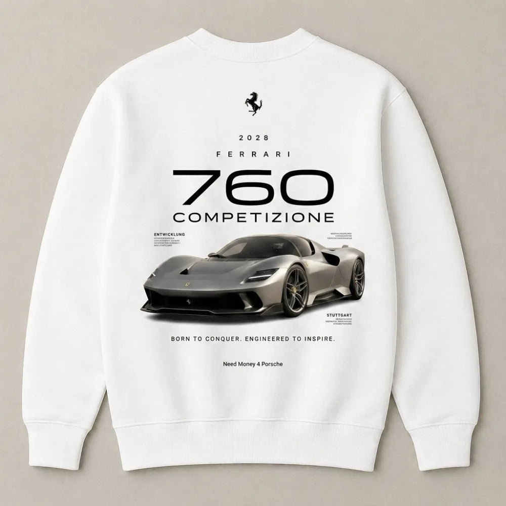 Modern white graphic sweatshirt for car enthusiasts