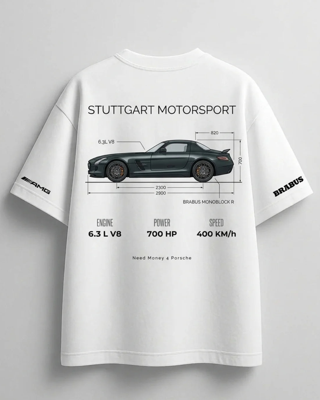 White oversized graphic tee with Need Money for Benz design