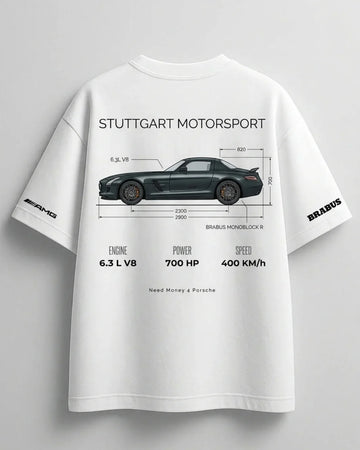 White oversized graphic tee with Need Money for Benz design