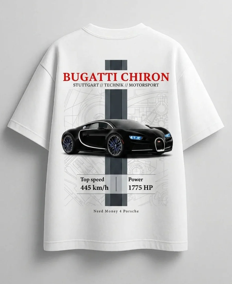 Luxury Bugatti supercar themed white streetwear tee