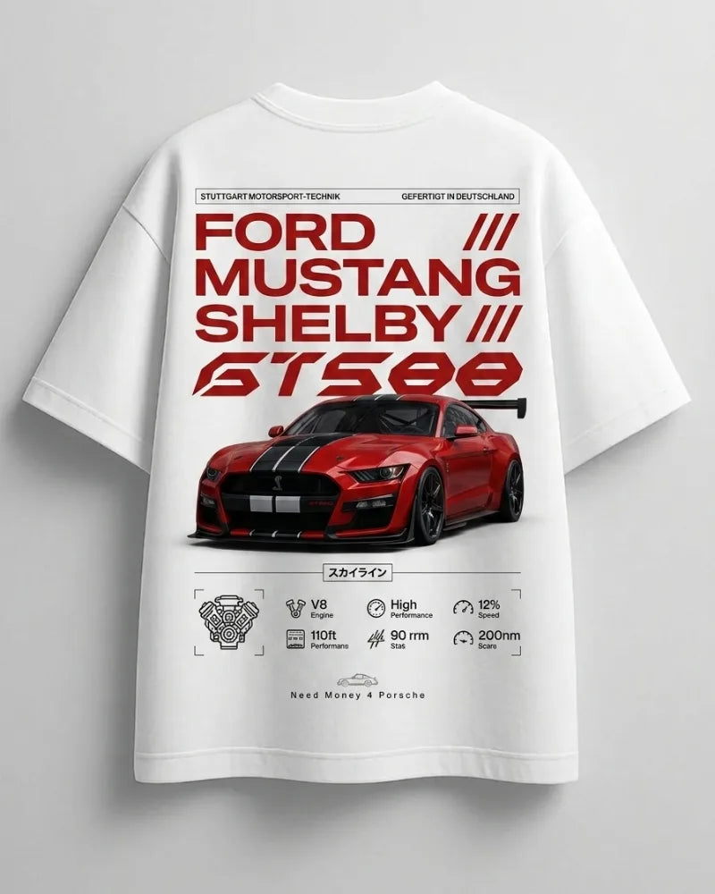 Need Money for Ford Mustang graphic logo white t-shirt front view