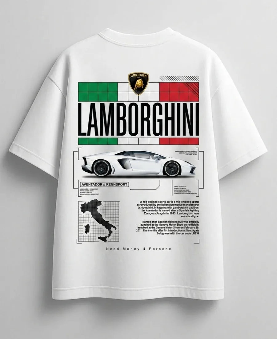 White oversized Lamborghini lifestyle graphic tee mockup