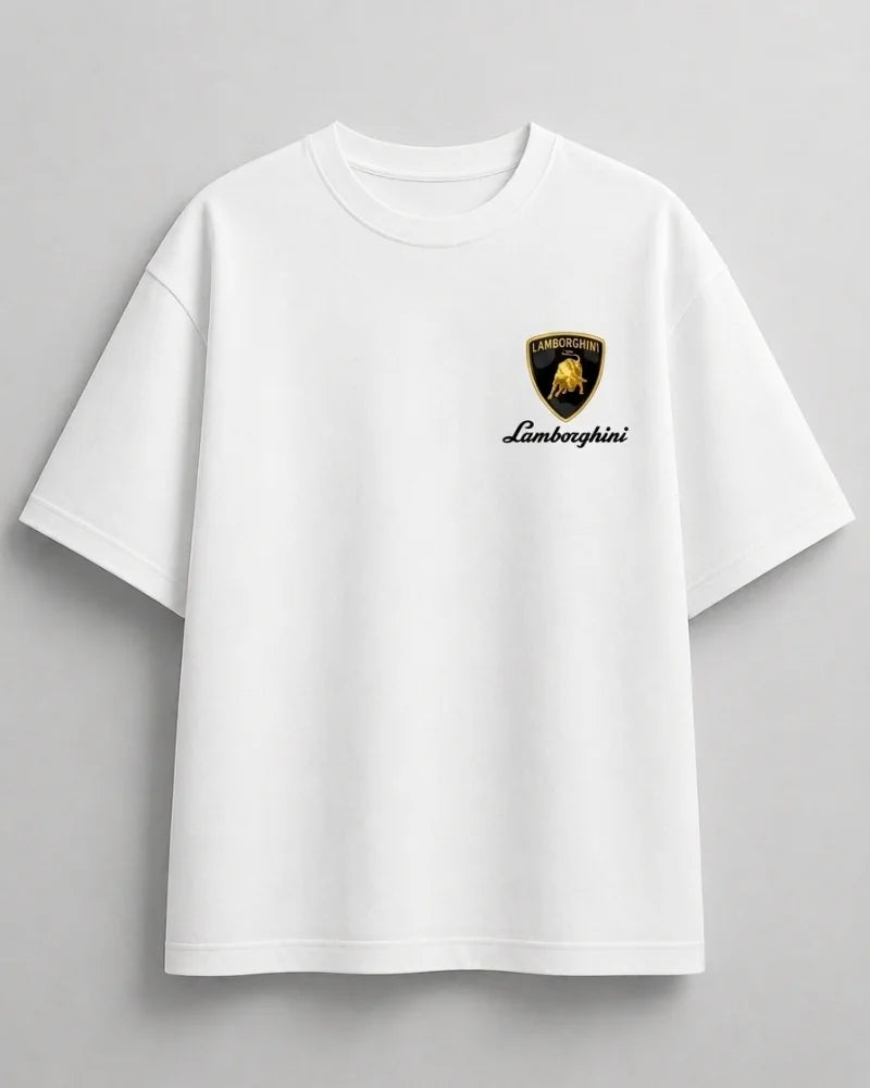 White oversized Lamborghini funny quote graphic shirt