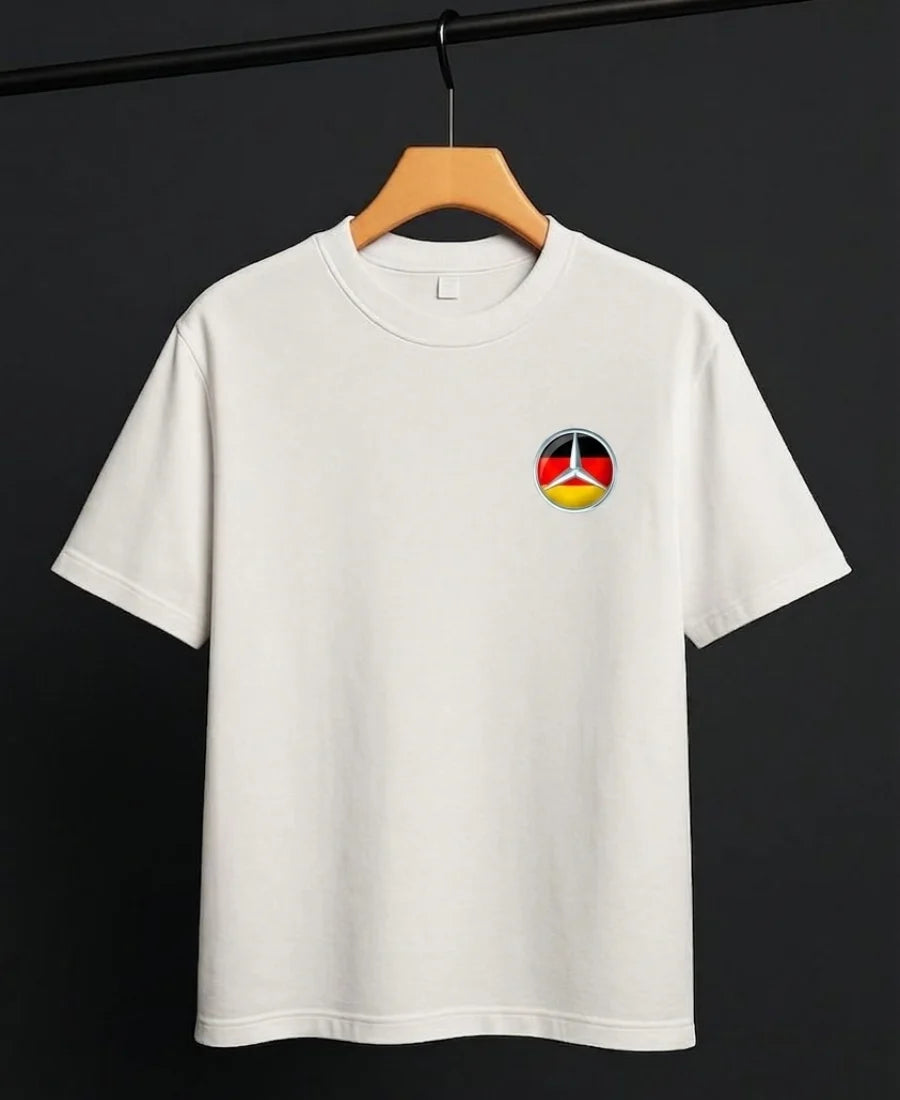 White graphic t-shirt with Need Money for Benz Mercedes design
