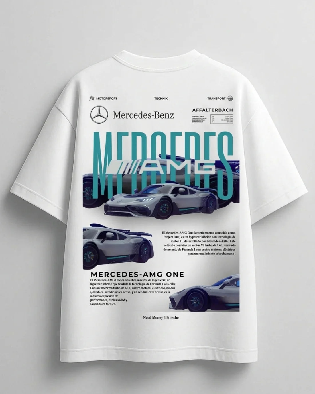 White graphic t-shirt with Need Money for Benz Mercedes design
