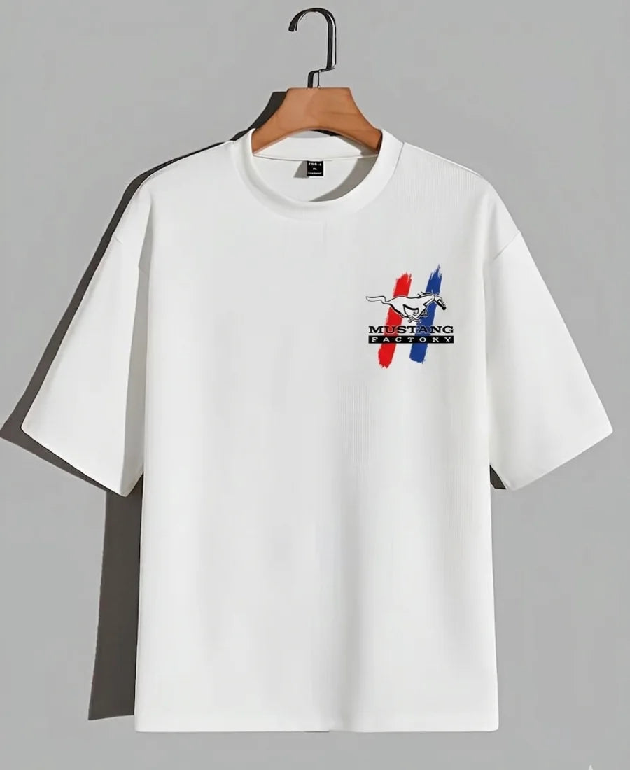Oversized white graphic tee featuring Mustang inspired print