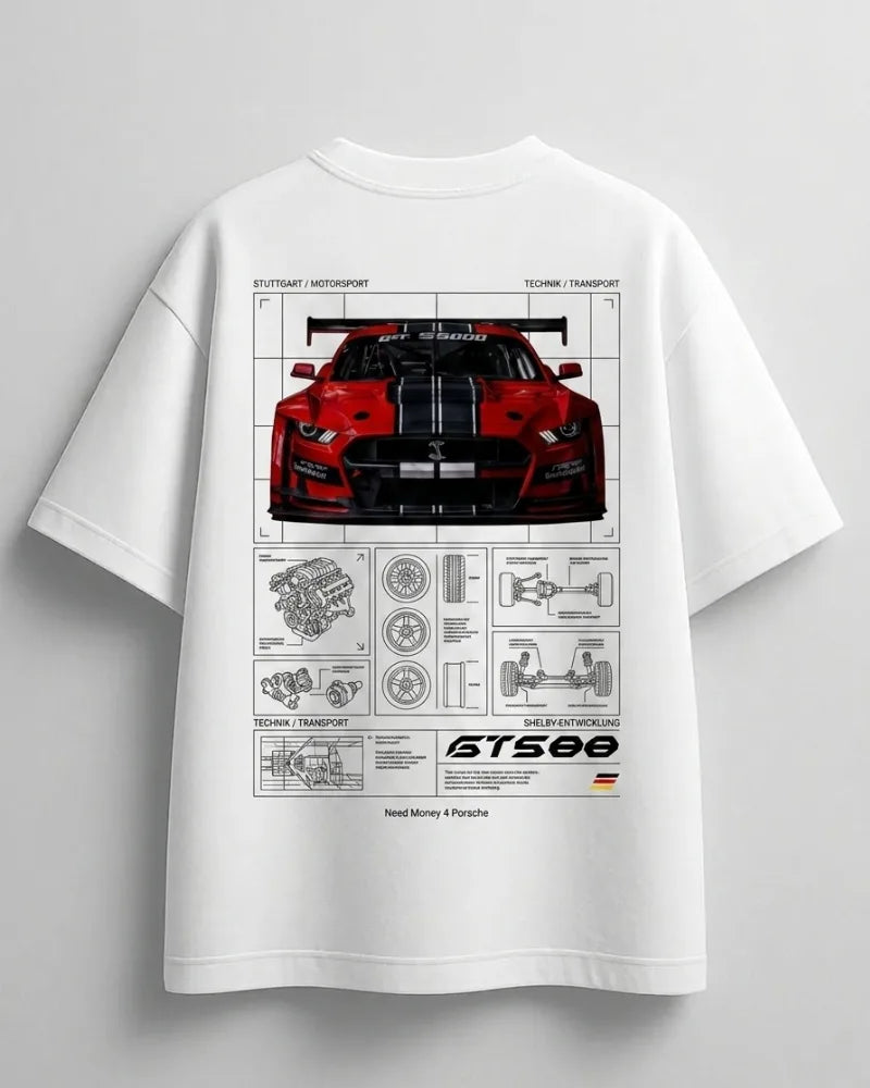 White oversized graphic tee with Need Money for Mustang slogan