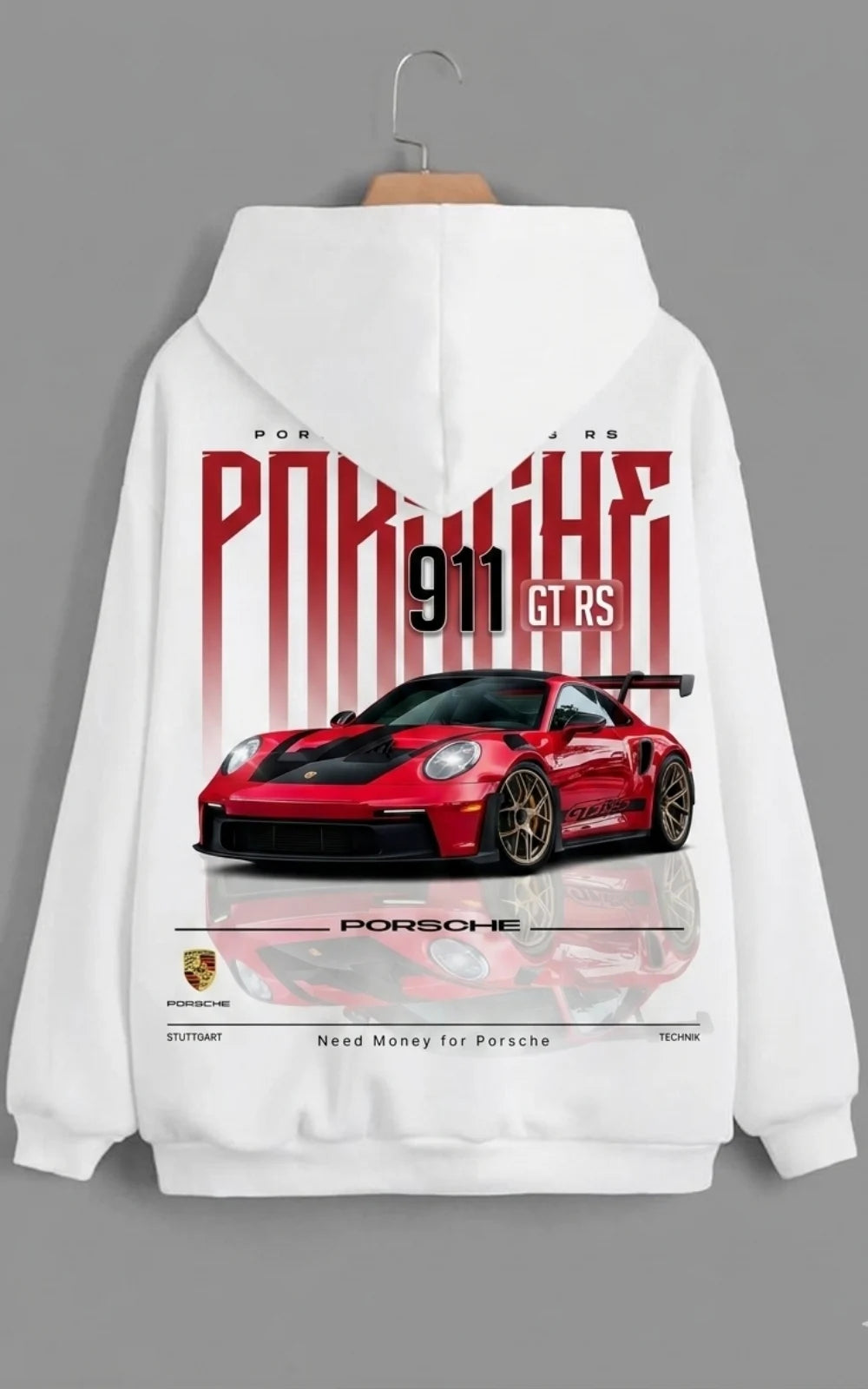 Need Money for Porsche 911 Icon Series hoodie front view premium automotive streetwear style