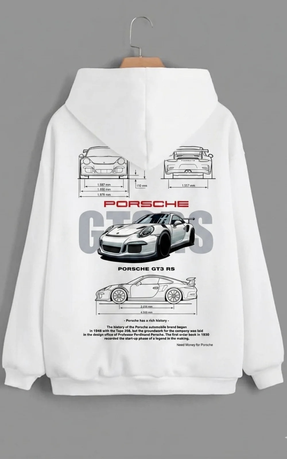 Need Money for Porsche 911 Legacy hoodie front view premium automotive streetwear style
