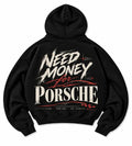 Black Need Money for Porsche hoodie with cream brush lettering, red racing lines and checkered flag graphic on the back