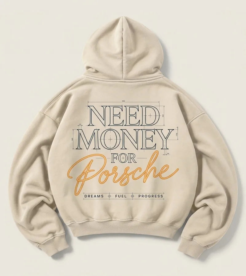 Back view of cream Need Money for Porsche hoodie with blueprint-style outlined typography and gold Porsche script