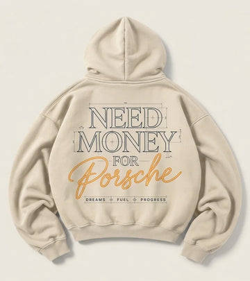Back view of cream Need Money for Porsche hoodie with blueprint-style outlined typography and gold Porsche script