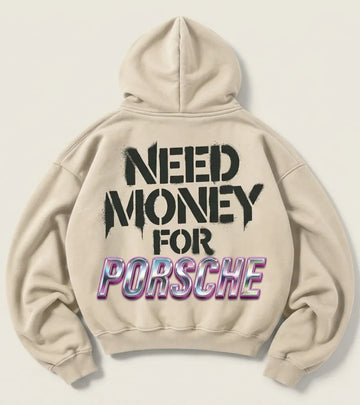 Cream Need Money for Porsche hoodie with distressed charcoal stencil lettering and iridescent pink-purple chrome-style back print