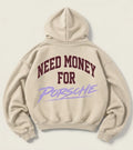 Cream Need Money for Porsche hoodie with arched burgundy varsity lettering and lavender brush-script Porsche back print