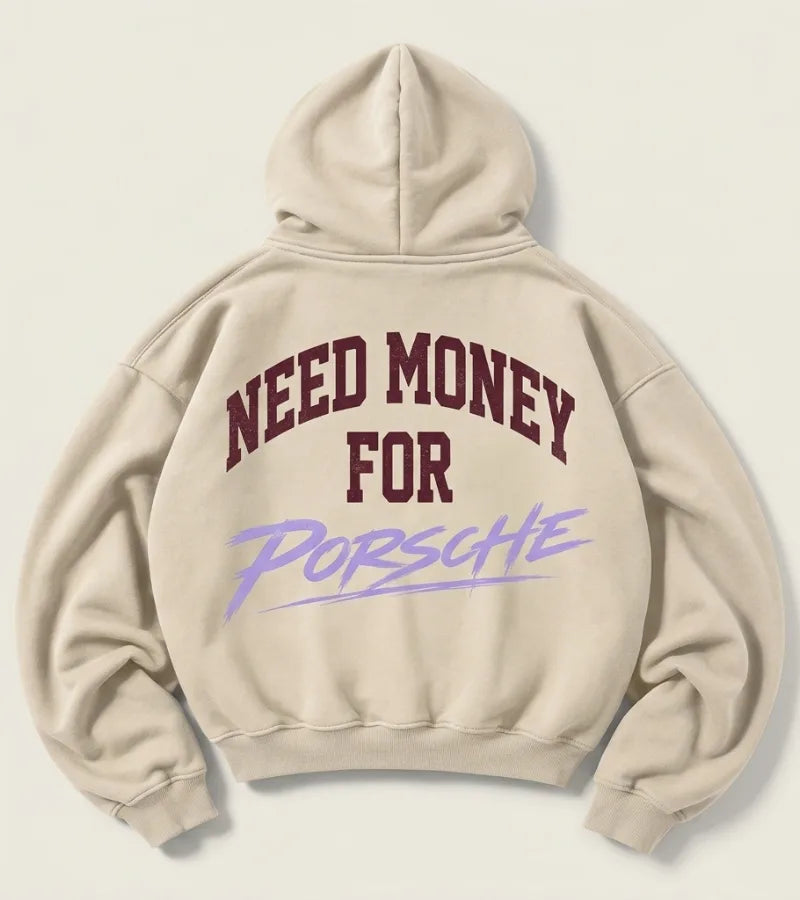 Cream Need Money for Porsche hoodie with arched burgundy varsity lettering and lavender brush-script Porsche back print