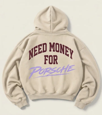 Cream Need Money for Porsche hoodie with arched burgundy varsity lettering and lavender brush-script Porsche back print