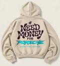 Cream Need Money for Porsche hoodie with glossy-look purple bubble lettering, turquoise angular Porsche text and Dreams Fuel Progress back print