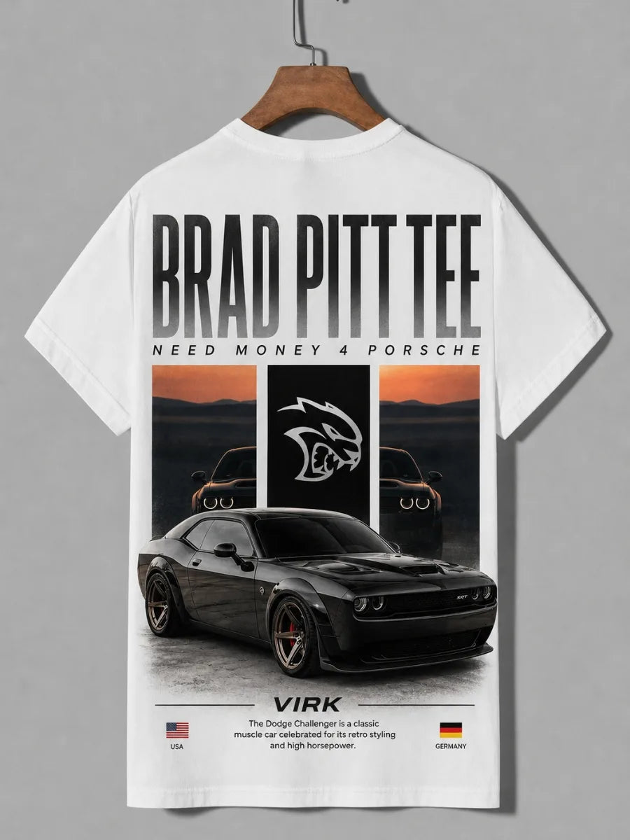 Need Money for Porsche Dodge muscle car graphic Brad Pitt tee close up graphic detail
