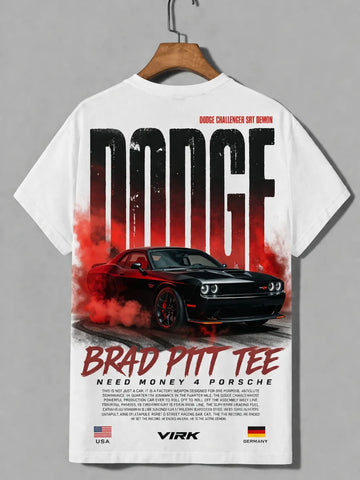 Need Money for Porsche Dodge muscle car graphic Brad Pitt tee front view modern streetwear style