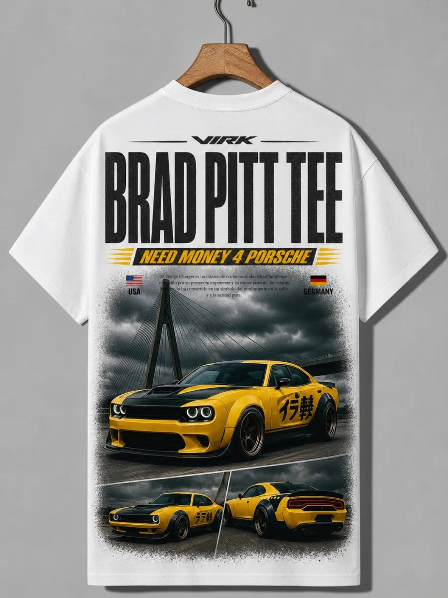 Need Money for Porsche Dodge muscle car graphic Brad Pitt tee side angle modern apparel fit