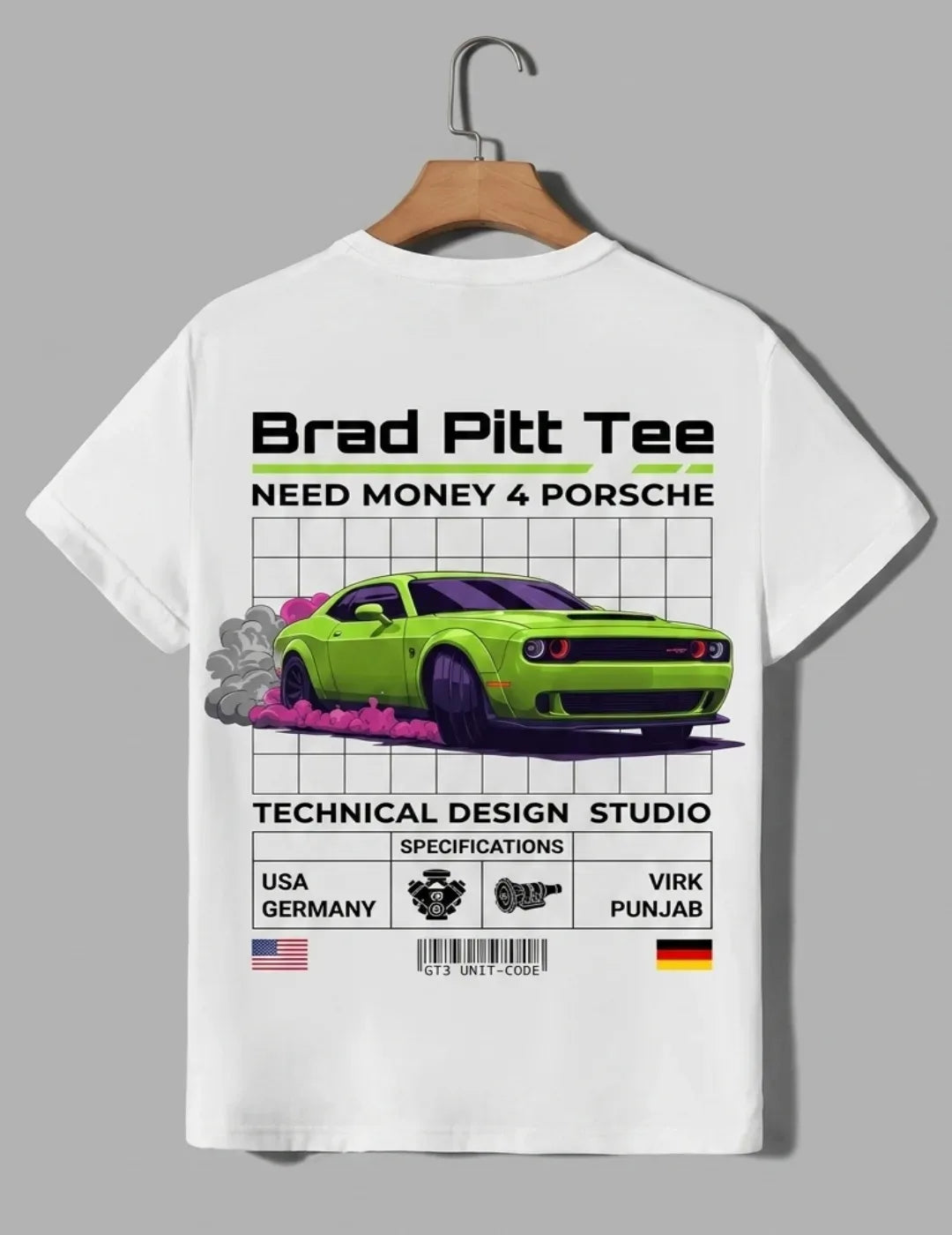 Need Money for Porsche Dodge muscle streetwear Brad Pitt tee back print strong graphic streetwear design